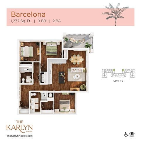 Floor plan for 3 beds, 2 baths, 1277 sqft